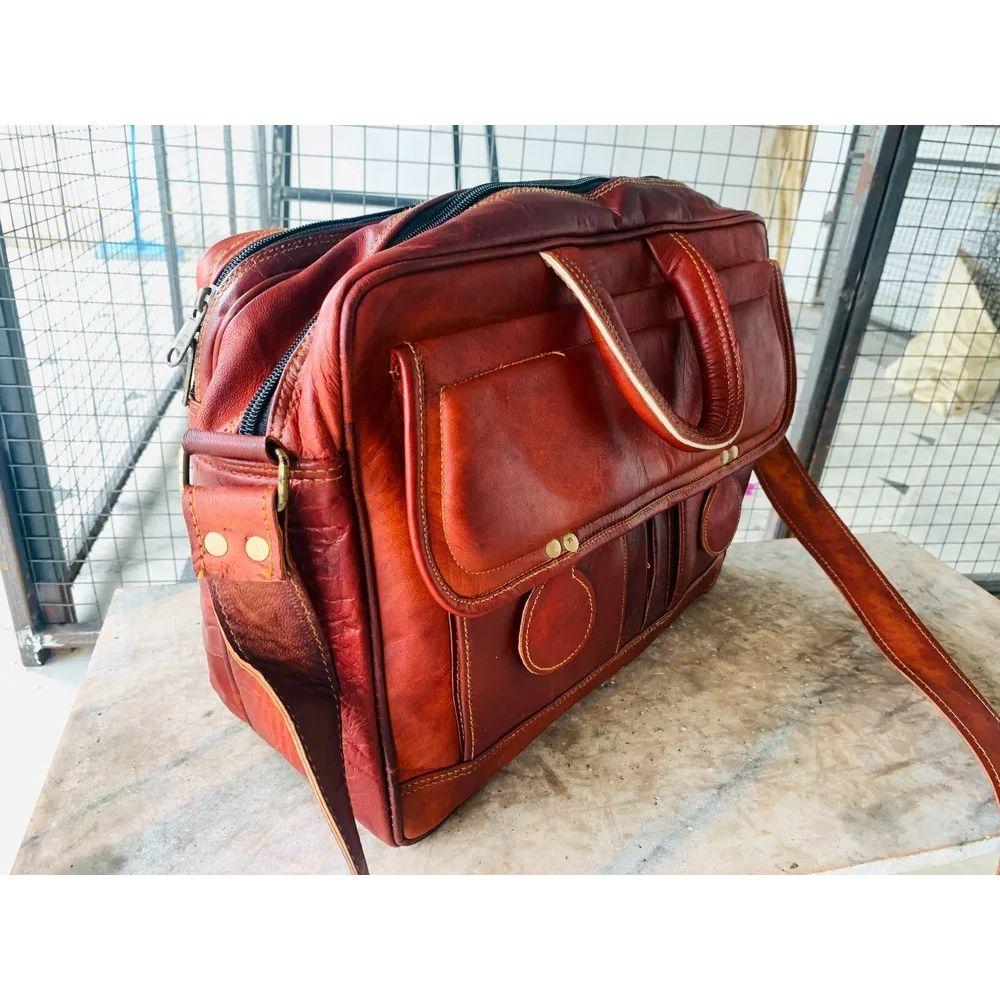 Goat Leather Messenger Shoulder Genuine Brown Laptop Bag Closer magnetic