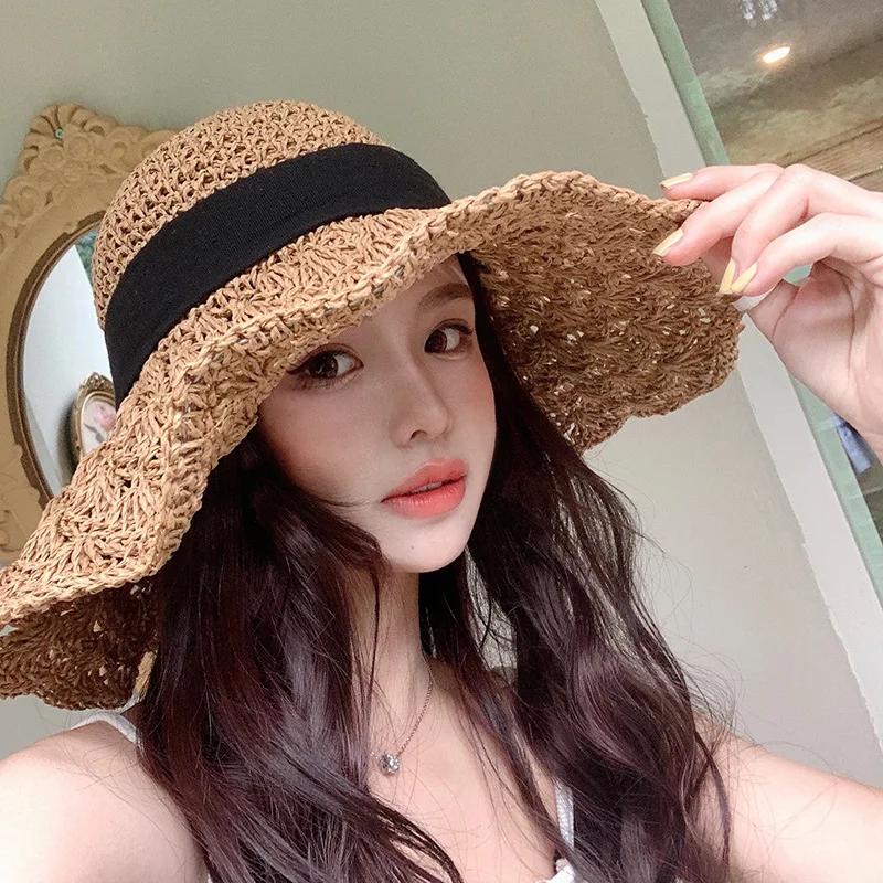 

New Summer Straw Sun Cap Women s Lace up Big brim Beach Panama Foldable Holiday Cool Sunshade Hat Gorras Adult хакі