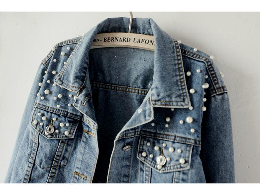 Jachetă de blugi cu mărime plus pentru femei, cu mărgele și strasuri - Trendy, largă, stil studențesc