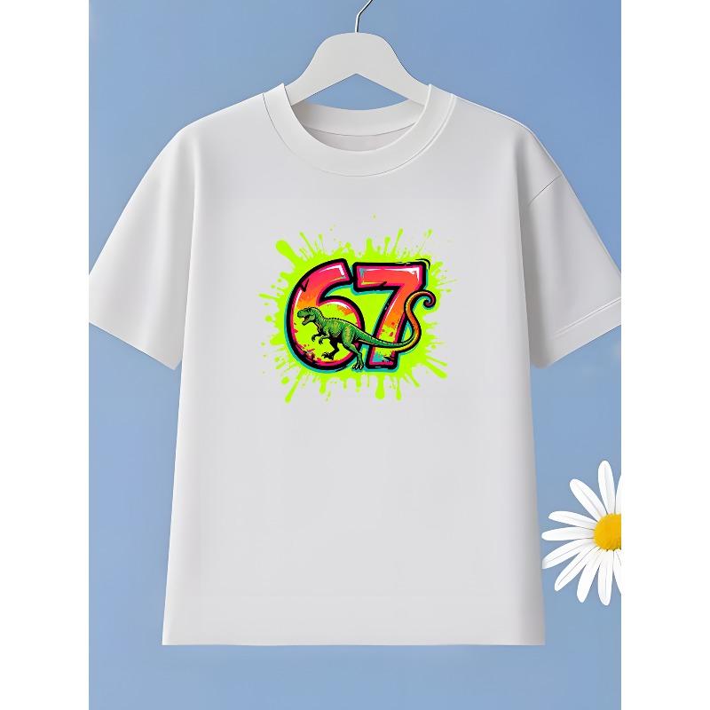 Kids Crewneck Short Sleeve T-Shirt Under 12, White Neon Green Lime Dinosaur Number 67 Graffiti Print 110 белый