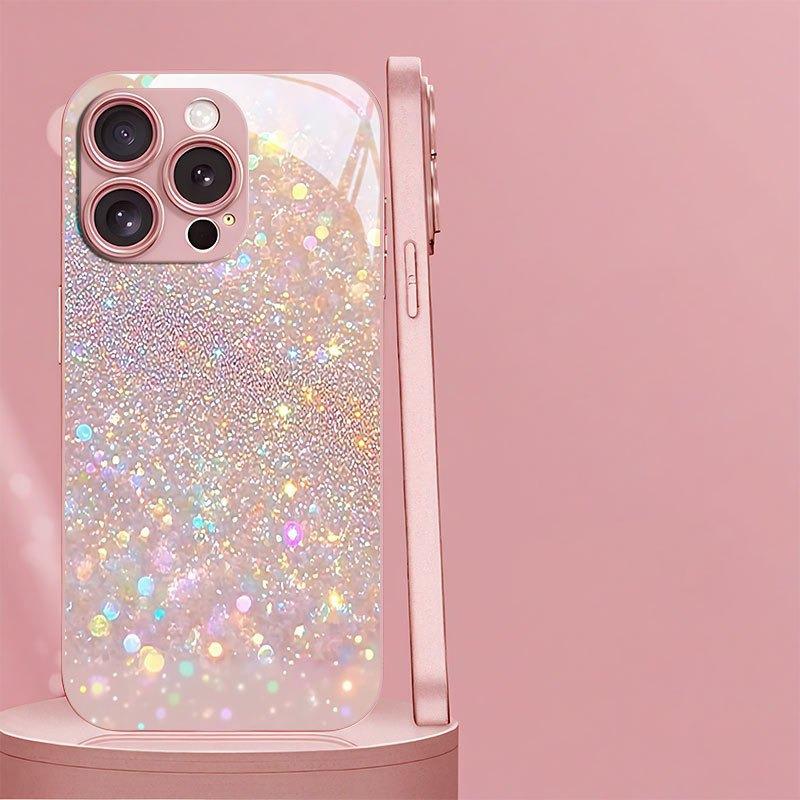 Dreamy Glitter Pattern Pink Metallic Tempered Glass Phone Case For iPhone 11 12 13 14 15 16 17 Pro Max 15 Plus 17 Air 16E Cover