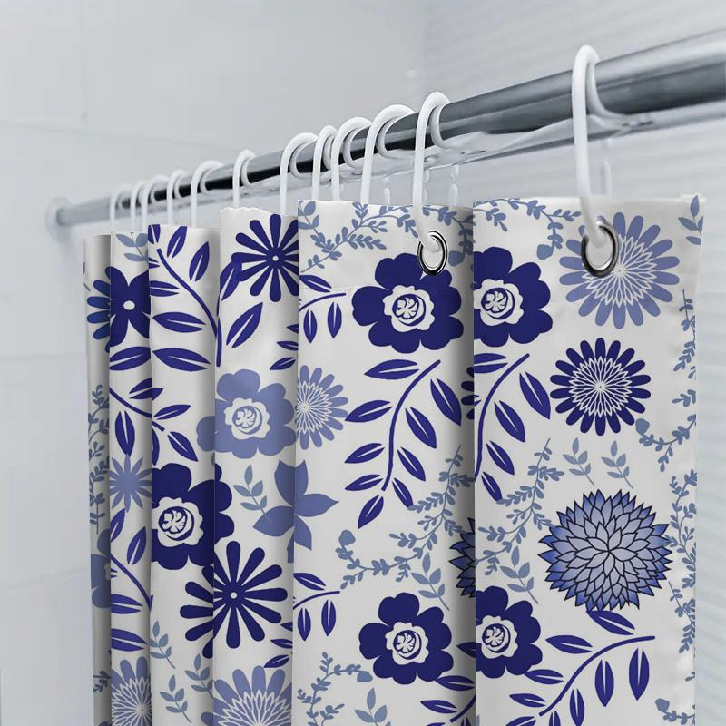 Rideau de douche floral bleu élégant Imperméable Décor de salle de bain Polyester Rideaux de douche Ensemble Linge de bain Décoration de maison XL (72X84 Pouces