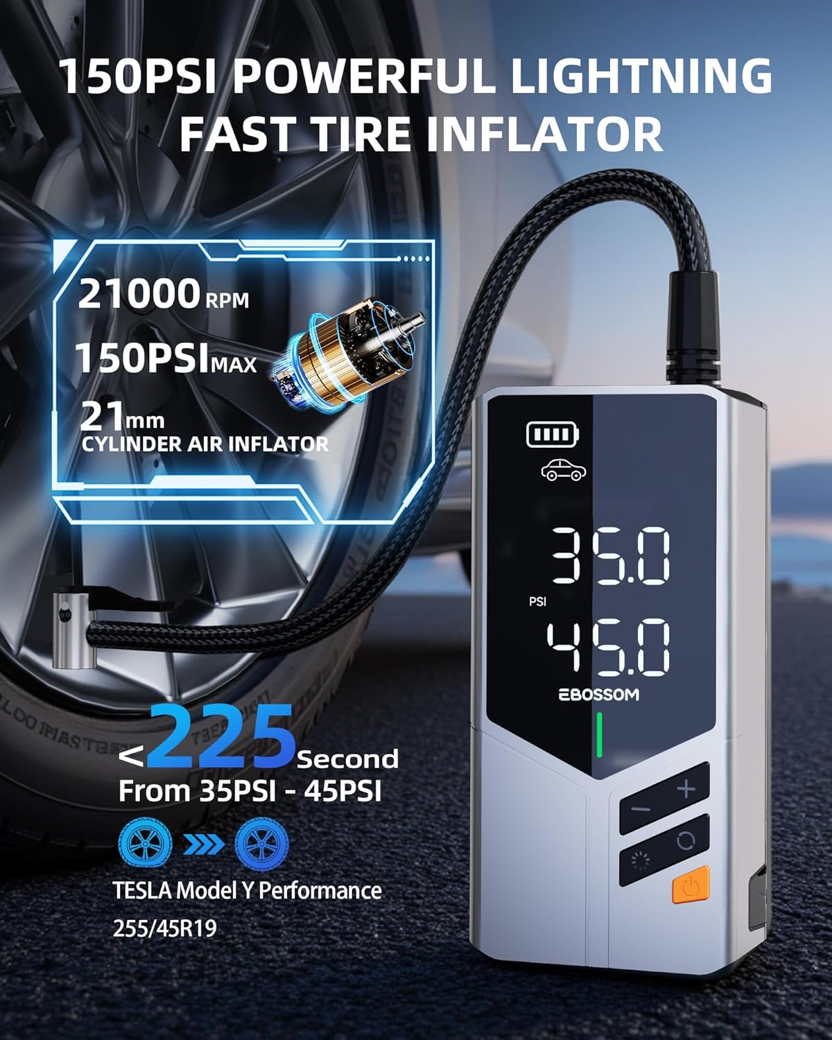 

Portable Car Jump Starter with Air Compressor, 150PSI Tire Inflator, 44.4Wh Battery, LED Light, Fast Inflation Pump United States