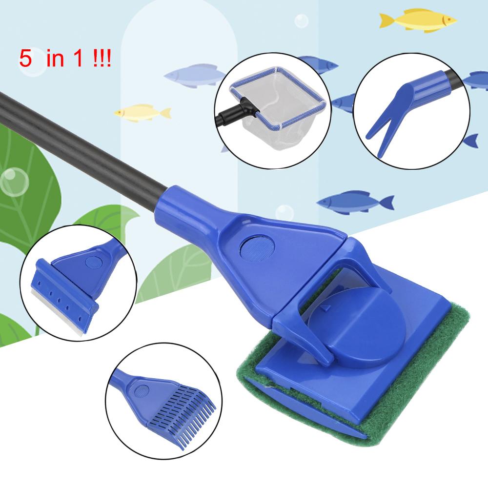 5 In 1 Adjustable Aquarium Tank Clean Set Aquarium Cleaning Tools Aquarium Cleaner Fish Net Gravel Rake Algae Scraper Fork Sponge Brush
