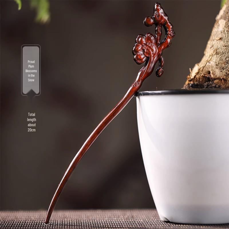 Red Sandalwood Women's Retro Hanfu Hairpins: Hollow Carved Moon Rabbit Wooden Ornaments