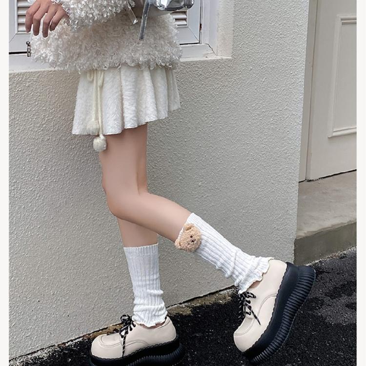 Women Girls Japanese Styles Knitted Leg Warmers Sweet Ruffled Trim Socks Cartoon 3D Plush Dolls Foot Cover Boot Cuffs