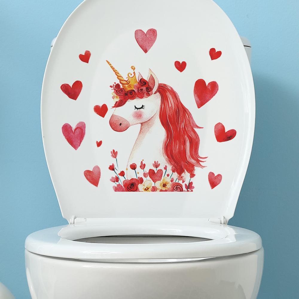 Cute Unicorn with Love Hearts Toilet Seat Sticker Bathroom Decor Magical Removable Waterproof Decal