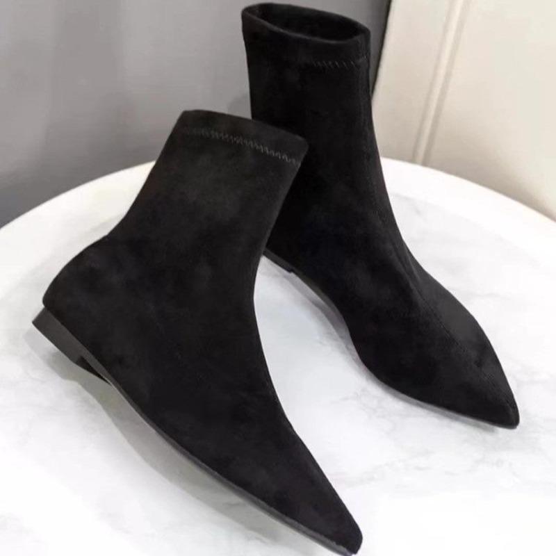 Autumn and winter new simple matte suede flat socks boots low heel thin boots temperament pointed short boots
