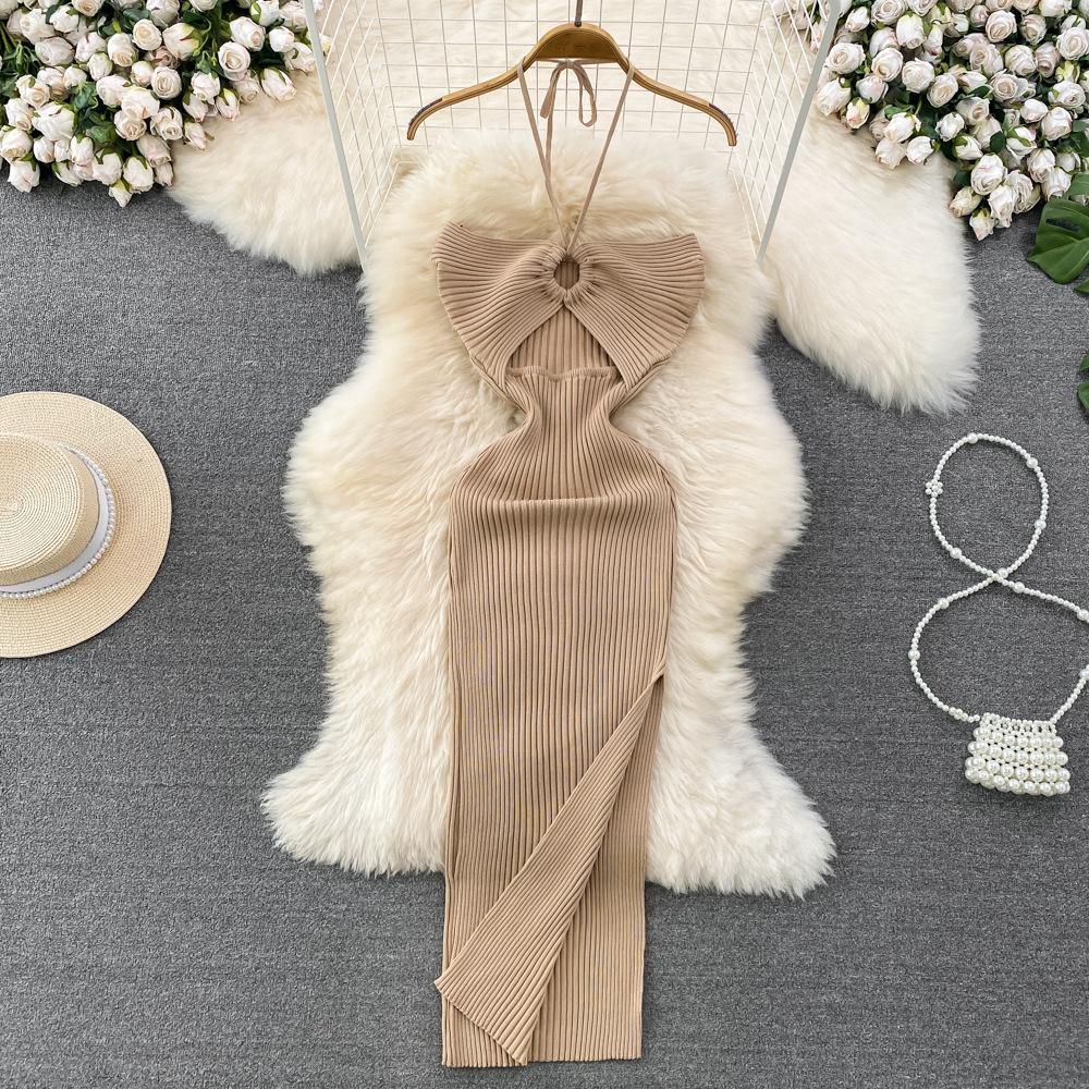 Summer Women's Dress Celebrity Temperament Hanging Neck Hollowed Tight Slim Backless Sleeveless Medium-length Split Package Hip Knit Bottom Dress