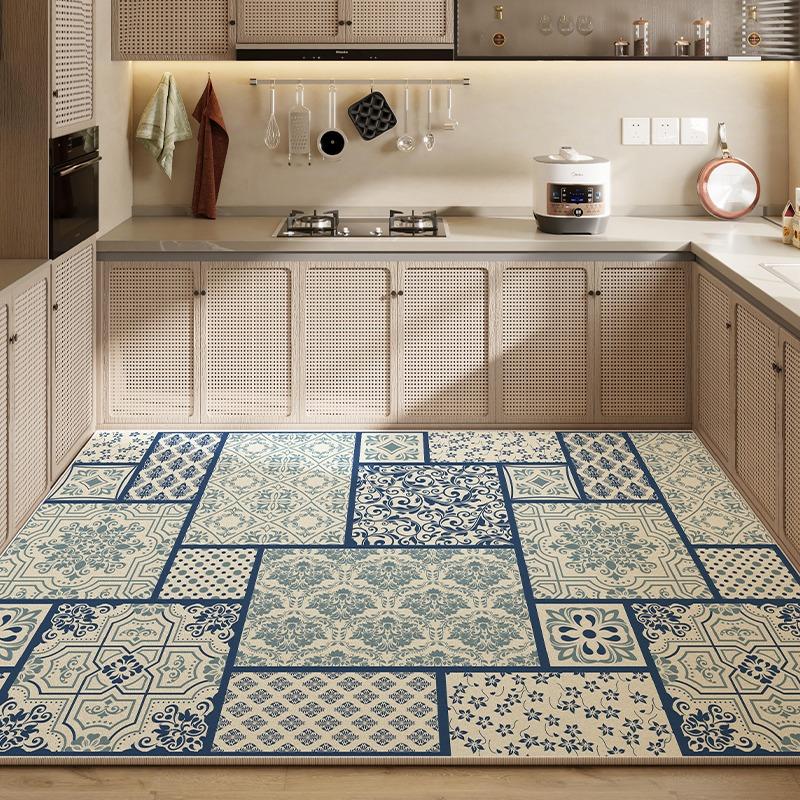 Rug for Kitchen Waterproof Floor Mat Pvc Leather Non-slip Carpet Large Blue Carpets Retro Classic Pattern Home Decoration Rugs