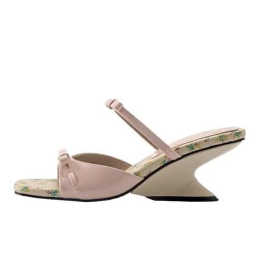 "Ziyan" Small Floral~ Sweet Wind Thick Heel Sandals Women's Summer New Bow Word with Wedge Heel Sandals