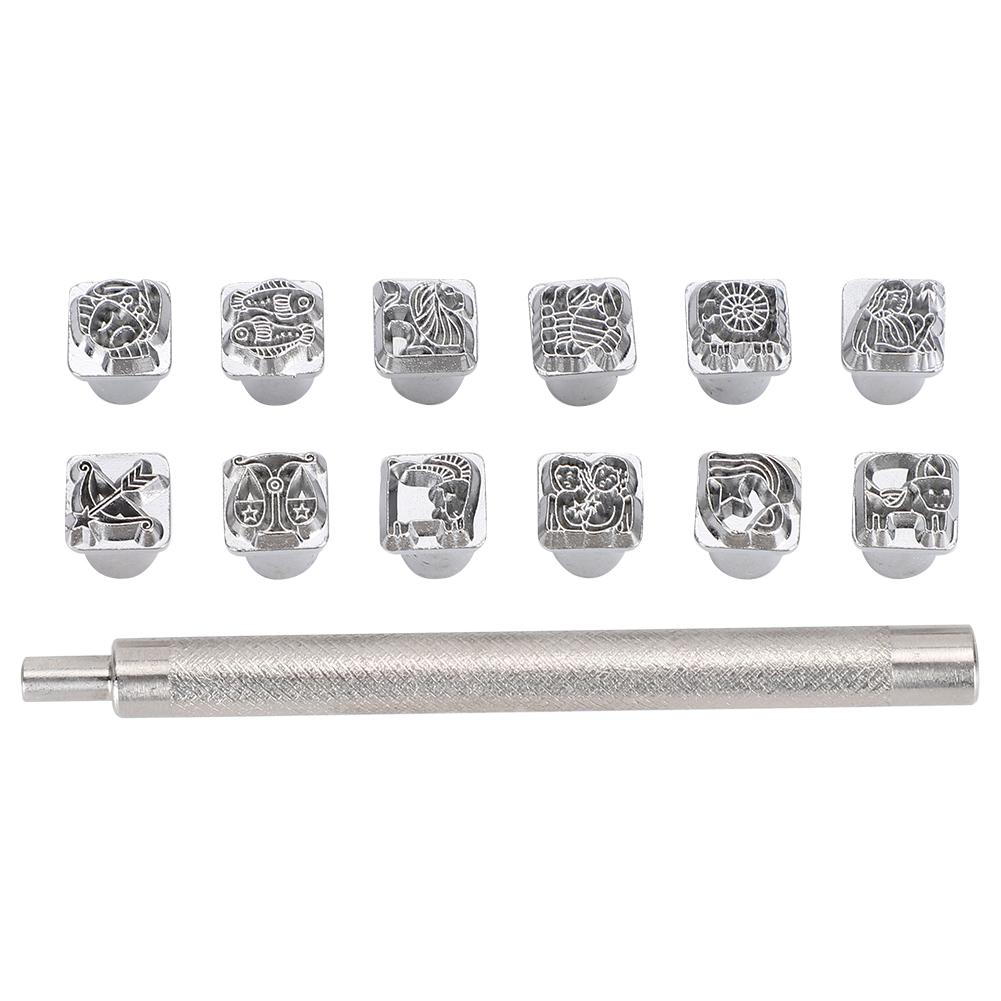 

12Pcs Stamping Punch Tool Twelve Constellations Pattern DIY Leather Craft Stamper 1Pc Handle