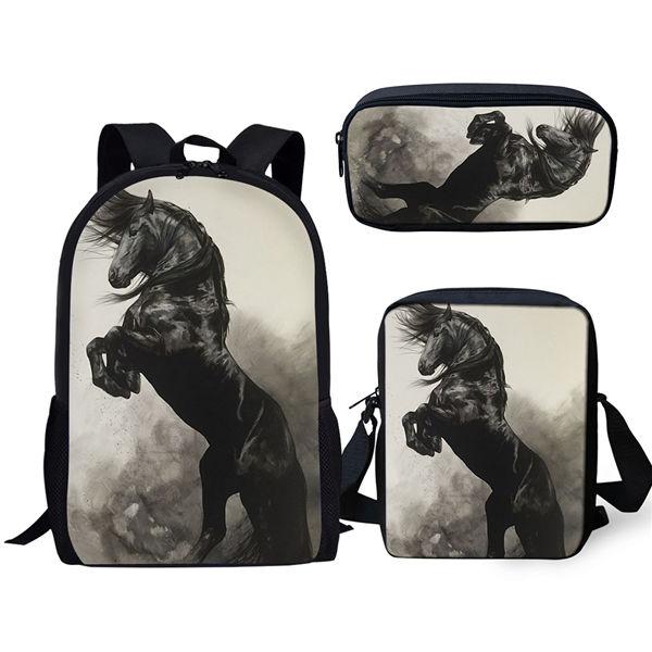 Cheval Noir Classique Magnifique Impression 3D Set de 3 pièces Sacs d'école pour élèves Sac à dos pour ordinateur portable Sac à dos Sac à bandoulière incliné Trousse à crayons