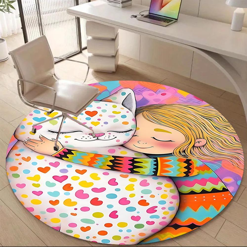 

1PC Cat Heart Office Round Area Rug, Indoor Mat Suitable ForOffice, Under Office Chairs Bedroom Living Room Home Decor, Room Deco g042 80cm by 80cm