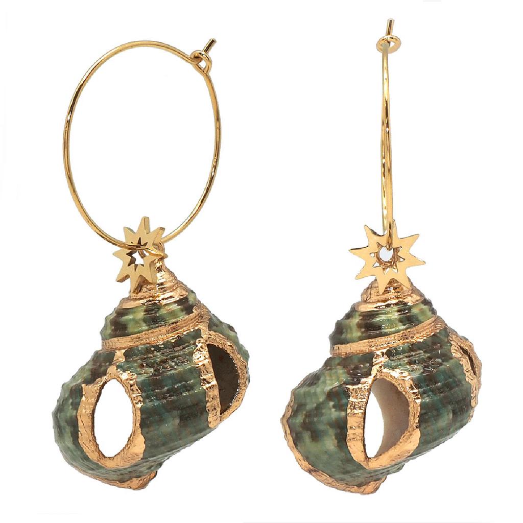 Les Trésors De Lily [Q8575] - Golden Green 'Coquillage' Steel Designer Hoop Earrings - 25 Mm - 30x25 Mm