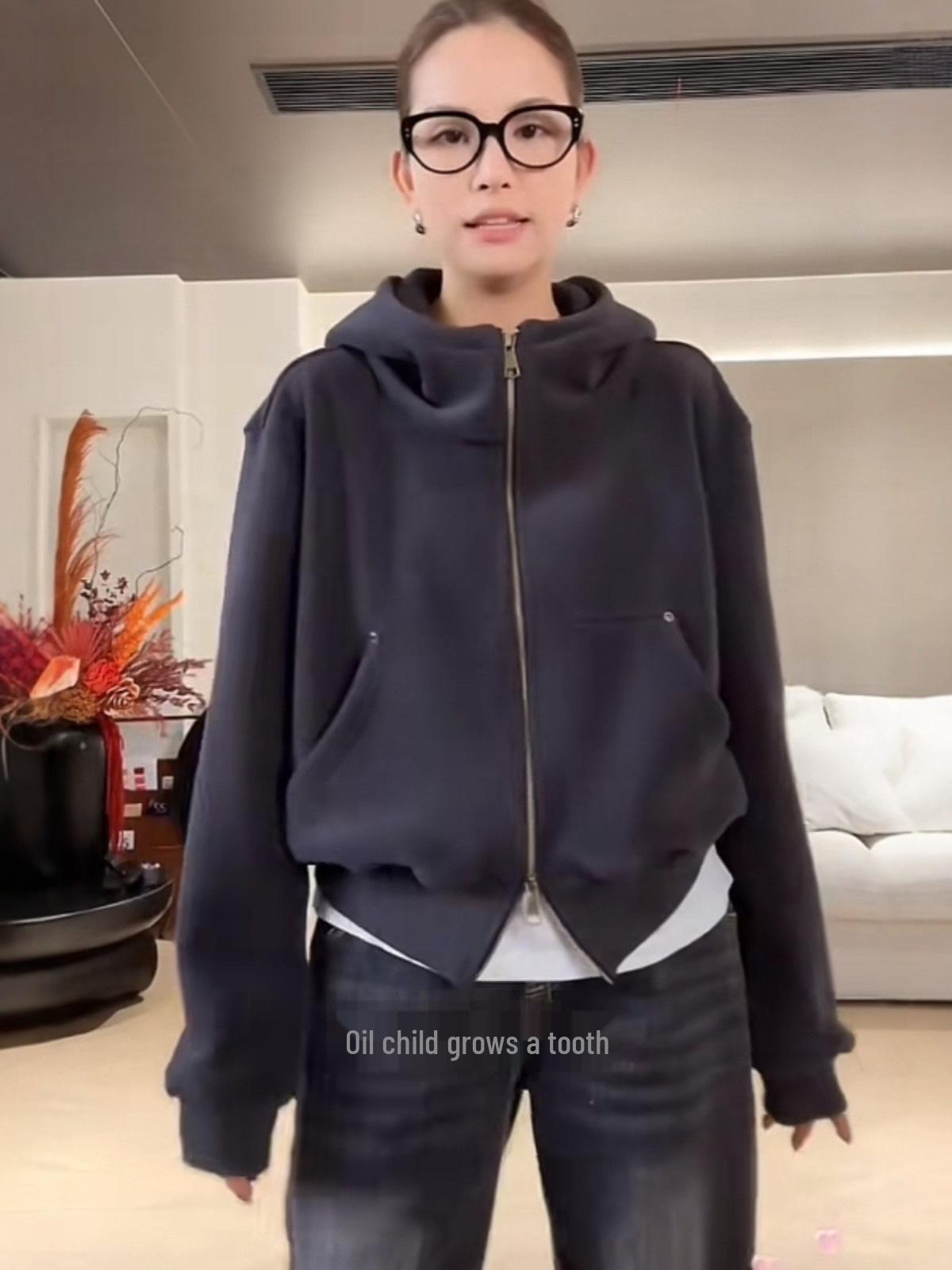 

Женская куртка-толстовка с капюшоном на двойной молнии, корейский стиль, ранняя весна 2025 - Шикарный повседневный кардиган-худи XL чёрный