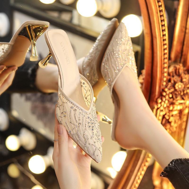 Pointed rhinestone bag head slippers women's summer 2025 new half slippers mesh crystal fine heel non-slip sandals women