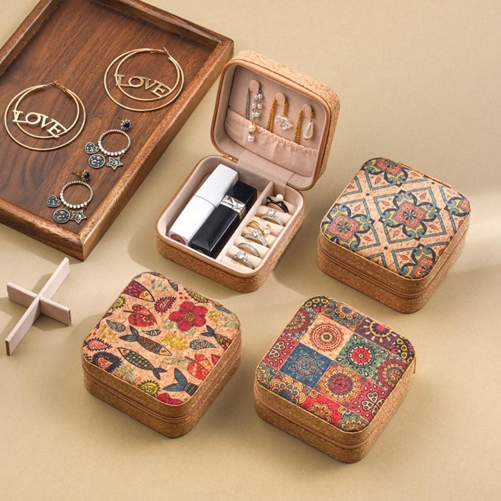 Printed Portable Necklaces Storage Box Portable Retro Rings Case Durable Travel Jewelry Box Travel