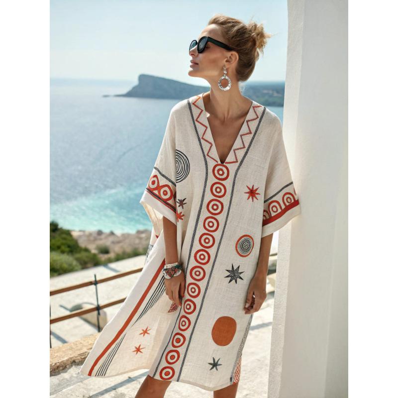 Women's V Neck Short Sleeve Midi Dress Loose Fit Relaxed Waist Elegant British Style 3D Printed Beach Coverup Casual Vacation Dress
