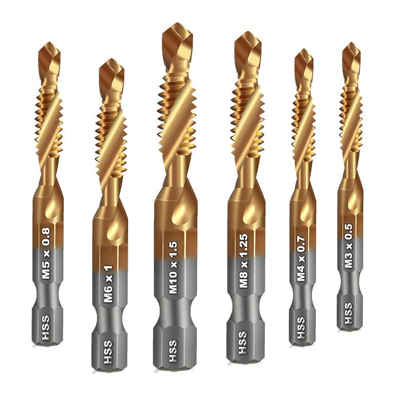 AMR Hex Shank Titanium Plated HSS Screw Thread Metric Tap Drill Bits Screw Appliance Compound Tap M3 M4 M5 M6 M8 M10 Hand Tools