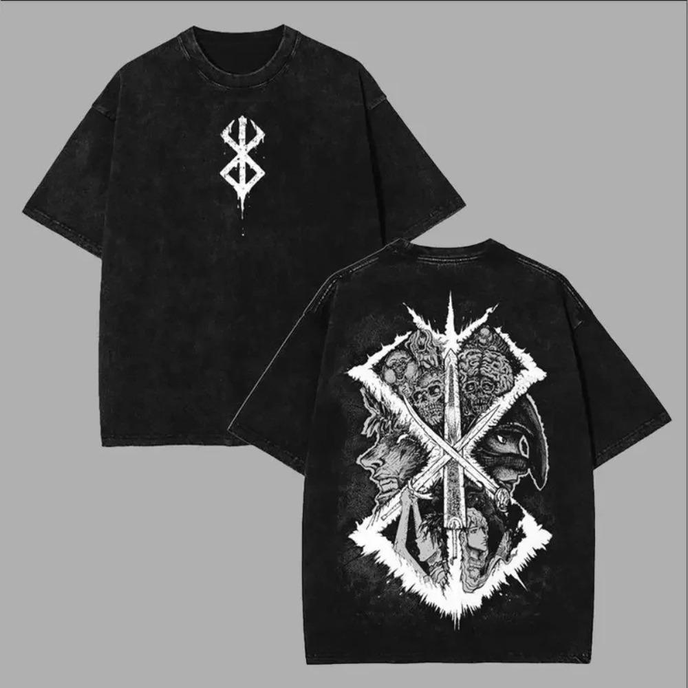 Berserk Brand of Sacrifice & Apostles Group Vintage Washed Double-Sided Anime T-Shirt, Unisex Dark Fantasy Manga Fan Streetwear Tee, 100% Cotton