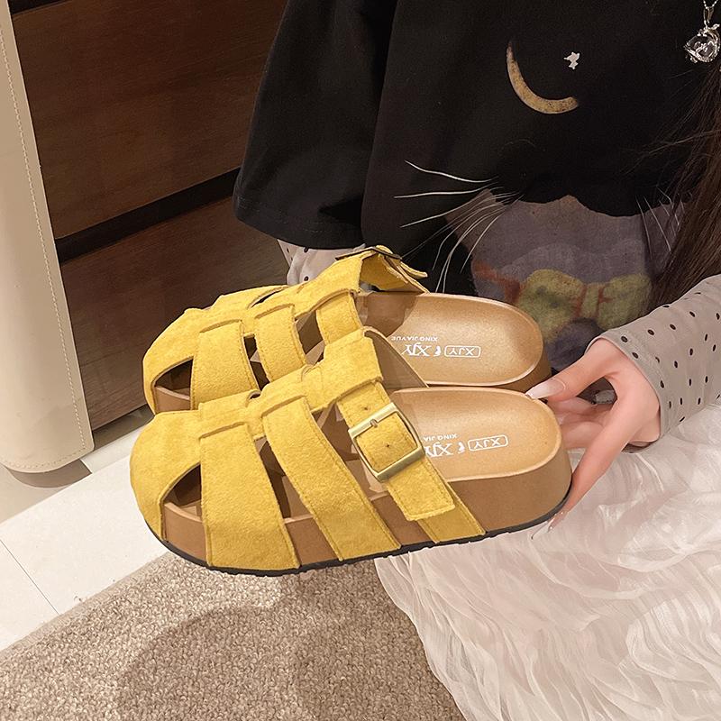 Women's Leather Shoes Women's Slippers Loafers Low Liners Pullover Buckle 2025 Roman Hoof Heel Rubber Fab Women Shoes