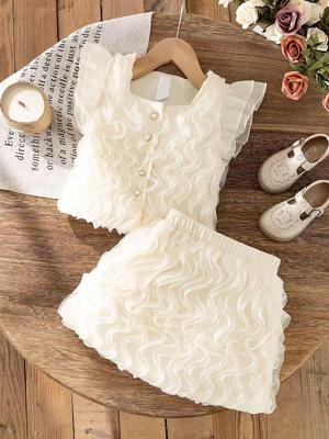 2025 Girls' Fashionable Mesh Wave Pattern Two-Piece Top & Skirt Set