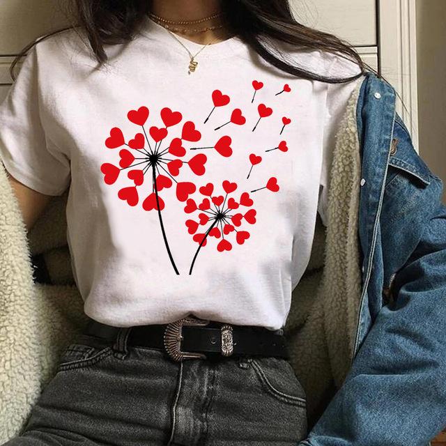 Fashion Cute Dandelion Heart Graphic Women T-Shirt 90S Harajuku Summer Shirts Short Sleeve Loose White Blouse O-Neck Female Tops