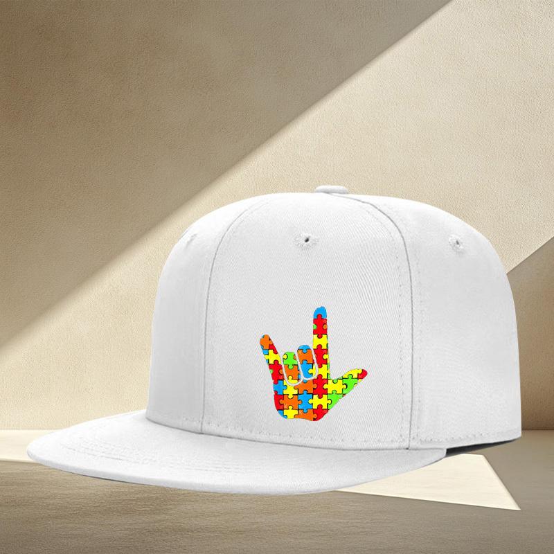 Autism Awareness Puzzle I Love You Sign Baseball Cap Unisex Adjustable Flat Brim Casual Outdoor Sports Cap