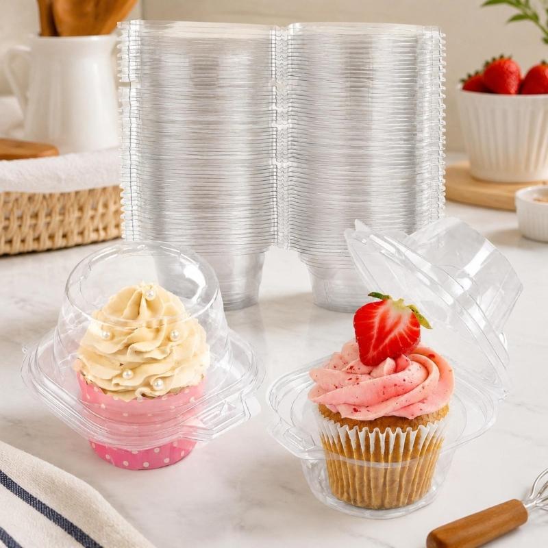 Individual Dessert Packages in Clear Plastic with Hinged Domed Covers and Fold-Over Fasteners for Takeout Display