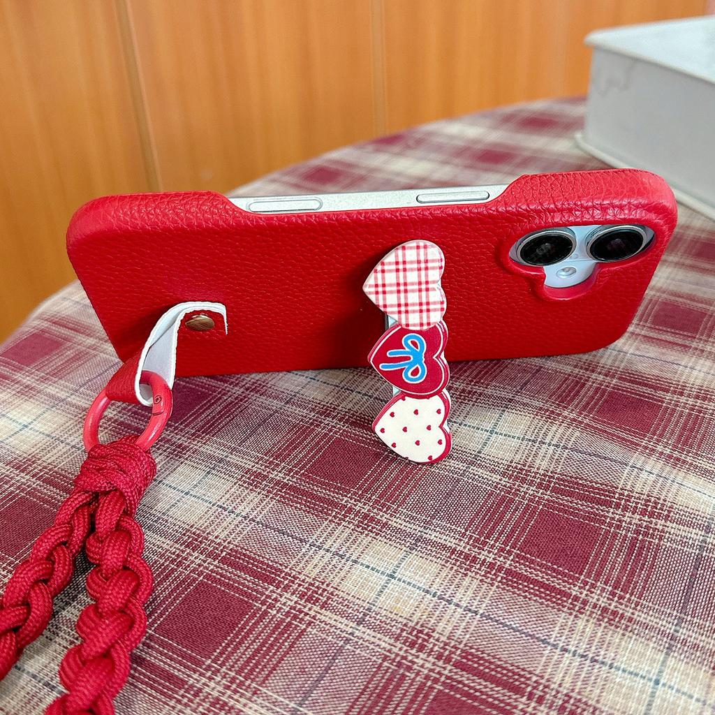 For iPhone 16 Plus Case Christmas Design PU+PC Phone Back Cover with Heart Kickstand, Strap