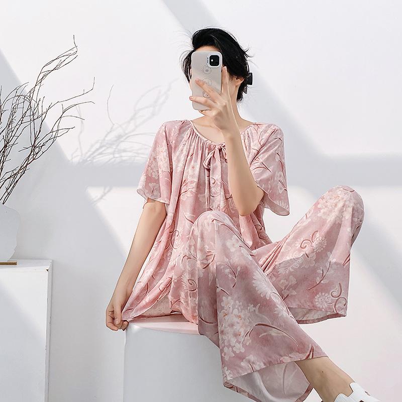 1011 new pajamas women's summer cotton and silk thin short-sleeved trousers set can be worn outside spring and autumn large-size loungewear