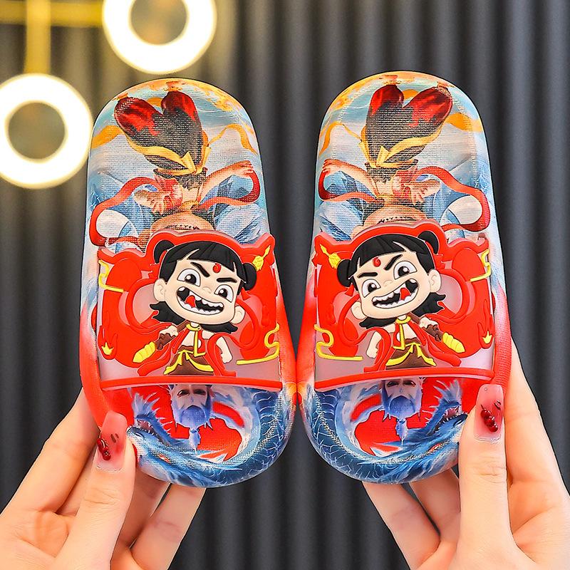 

Nezha slippers for children, boys summer new indoor home non-slip cartoon sandals for older boys 24-25 красный