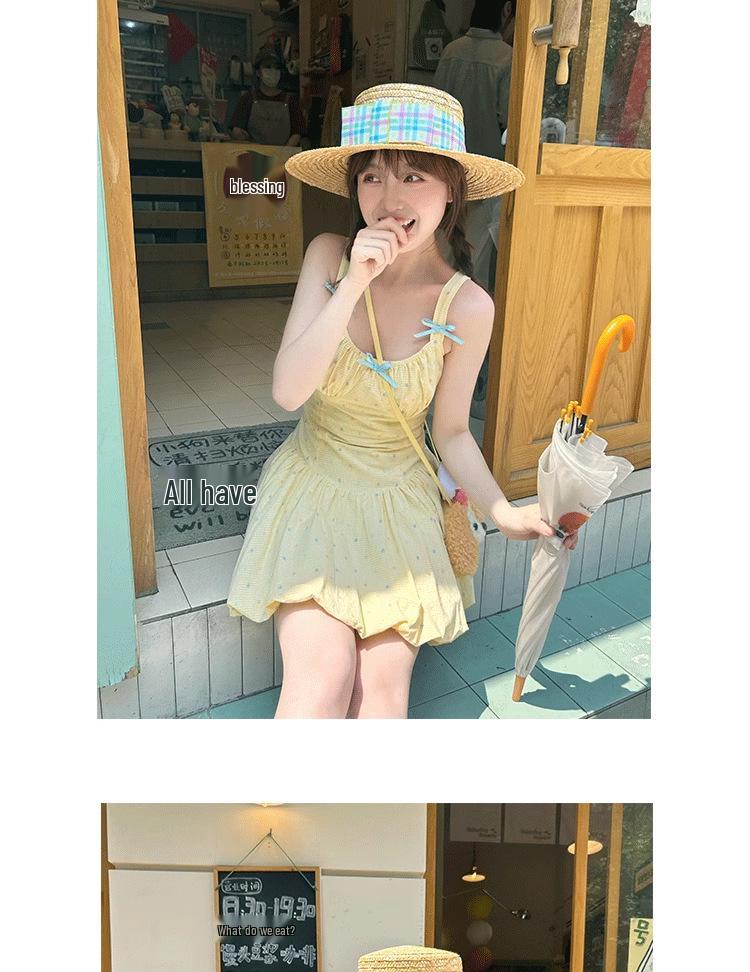 Dopamin Gelbes Gepunktetes Tulpenkleid: Kleiner, Süßer Urlaubsstil mit Taillenbetonendem Puffrock für Damen