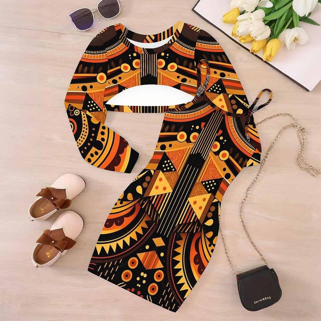 Girls Cartoon 2 Piece Outfits, Long Sleeve Crop Top + Spaghetti Strap Bodycon Dress, Ethnic Floral Print Party Dress Set