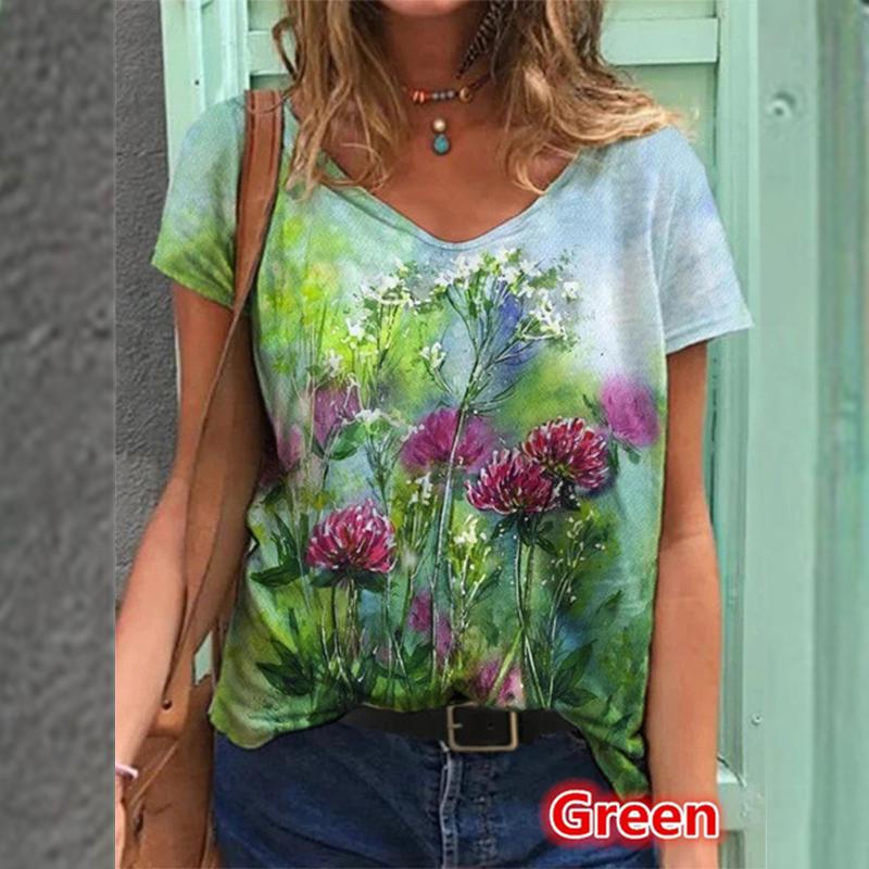V-ringad tröja med blommönster med kort ärm i flerfärgad lös T-shirt för kvinnor