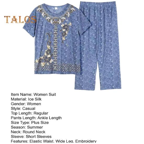 2 Pcs/Set Mid-aged Women Pajamas Set O Neck Embroidery Short Sleeve Plus Size Elastic Waist Pleated Loose Wide Leg Mother Grandmother Sleepwear