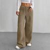 Damen Hosen Knopf Reißverschluss Gerades Weites Bein Hosen mit Taschen Einfarbig Lockere Passform Loungewear Alltagskleidung