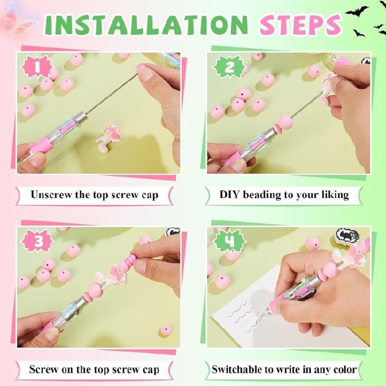 12Pcs Witch Princess Beadable Multicolor Pen 4-Color-in-1 Multicolored Ballpoint Pen for Children School Craft Project