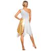 Womens Metallic Worship Praise Dance Dress Color Block One Shoulder Irregular Hem Sleeveless Dresses Performance Costume