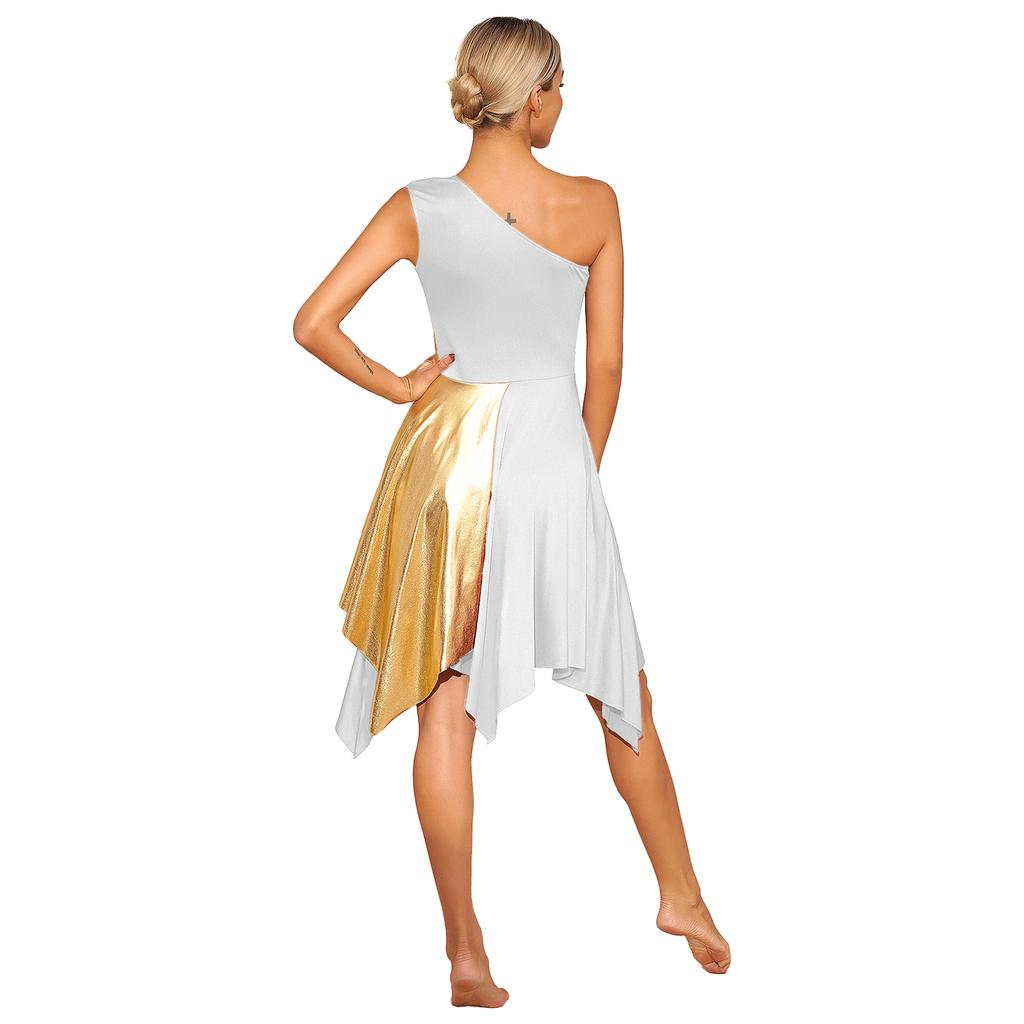 Womens Metallic Worship Praise Dance Dress Color Block One Shoulder Irregular Hem Sleeveless Dresses Performance Costume