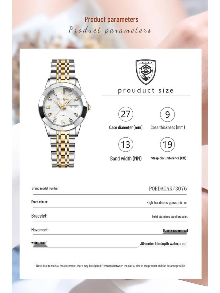 Ceas de mână nou elvețian pentru femei, rezistent la apă, luminos, cu calendar dublu