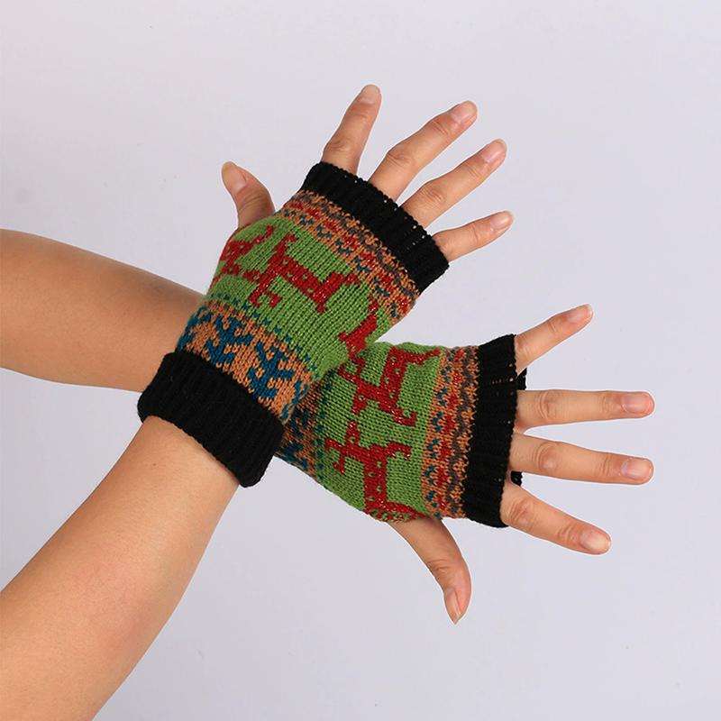 WTEMPO 1Pair Christmas Deer Pattern Knitted Gloves Couple Halloween New Half-finger Mittens Soft Colorful Warm Gloves