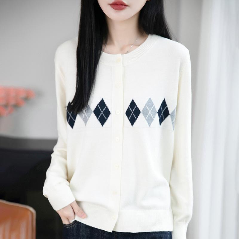 Spring and Autumn New Style Diamond Pattern Color-blocked Women's Knitted Cardigan with Checkered Jacquard Layering Sweater for Women
