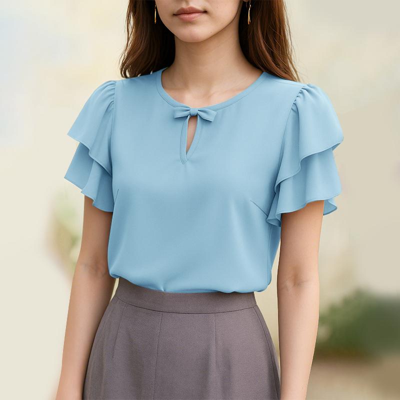 

ZANZEA Женская повседневная блузка с круглым вырезом, однотонная, с рукавами-рюшами, свободного кроя L синий