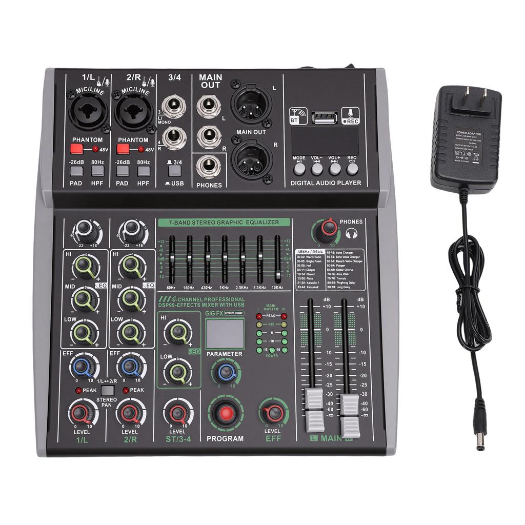 4 Channel Sound Mixer Stereo Bluetooth Mixing Console for Live Recording Karaoke 99 Bit Digital Signal Processor 7 Band