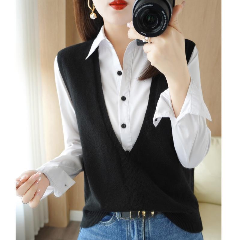 Knitted Sweater Vest Women Waistcoat Autumn Loose Heart Hollow V-Neck Irregular Pullover Vest