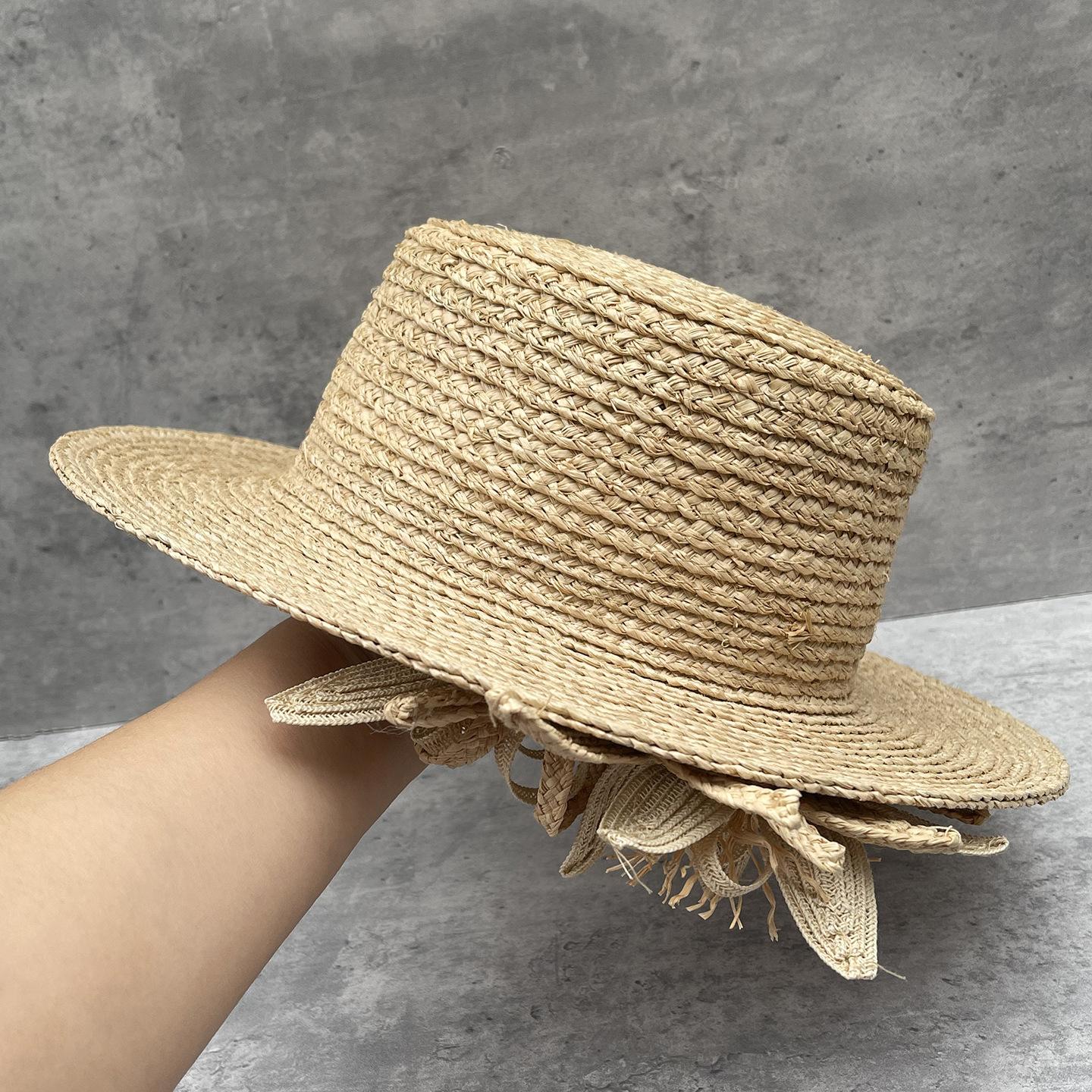 

French Handmade Flower Nature Raffia Sun Hats Wide Brim Flat Top Straw Hat Lady Summer Vacation Sun Protection Beach Hat 56--58CM