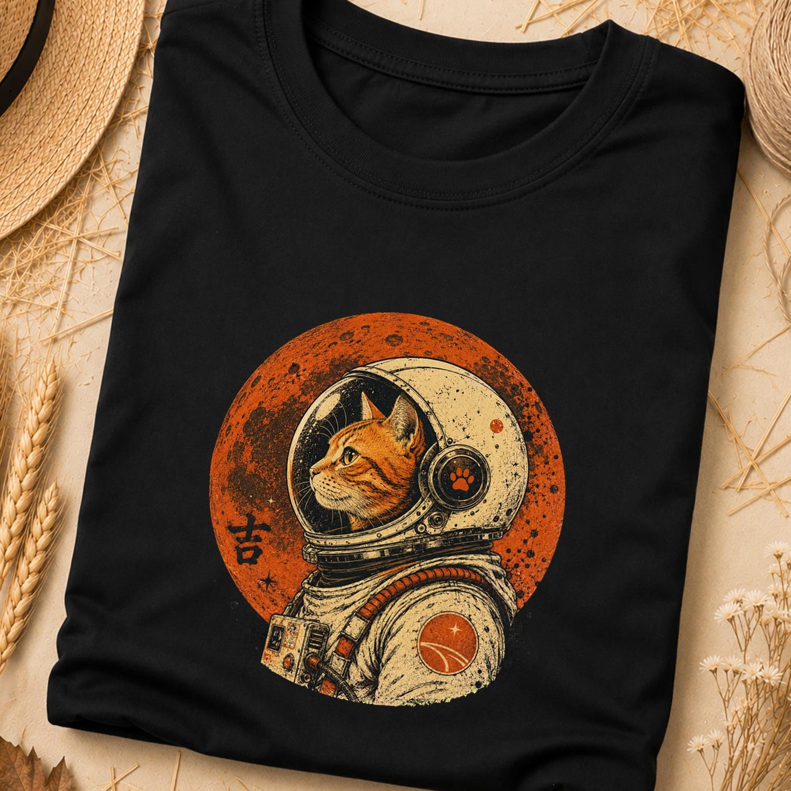 Japanese Space Cat Shirt, Minimalist Kanji Graphic Shirt, Mid Century Japanese Cat Shirt, Japanese Minimal Art Shirt, Retro Cosmic Lucky Tee S