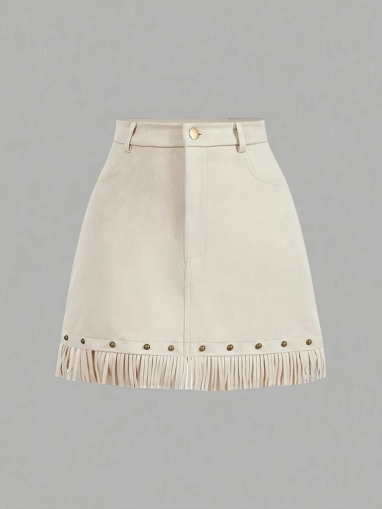 High-Waisted A-Line Tassel Hem Faux Suede Mini Skirt
